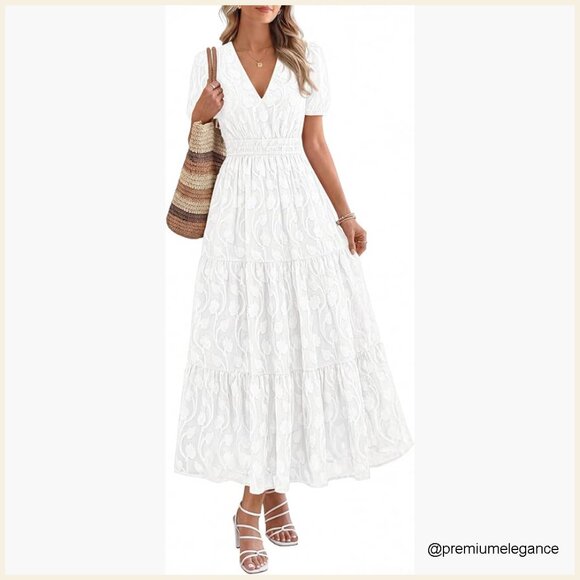 Dresses & Skirts - Boho Flowy Maxi Dress V-Neck Short Sleeves Elastic Waist Pockets